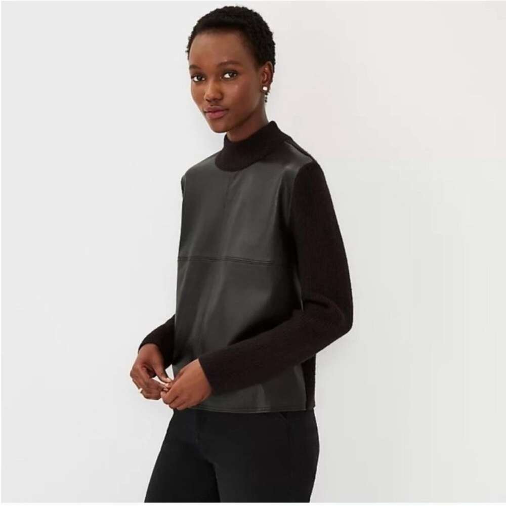 Ann Taylor Black Leather Panel Turtleneck Sweater